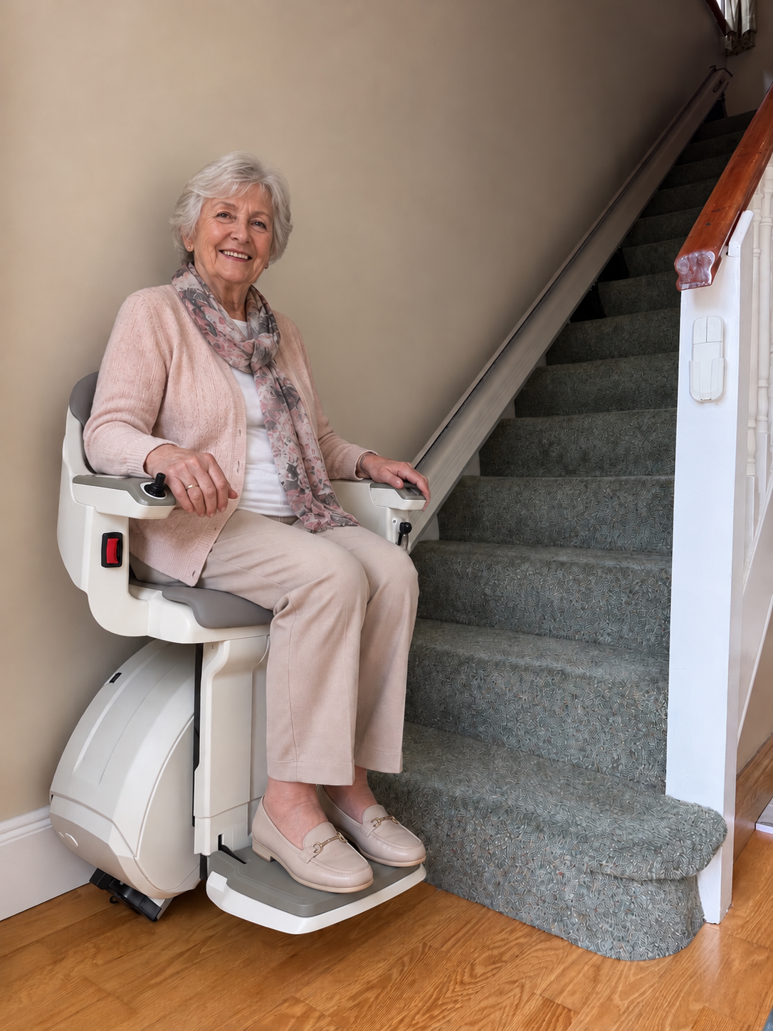 Kay seated on her straight stairlift at home in Walkinstown after installation