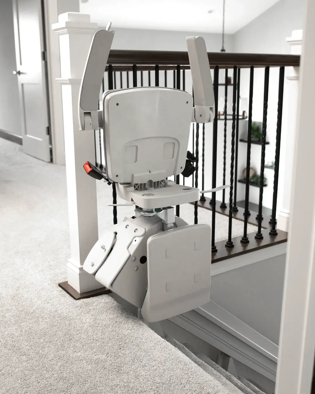 Folded stairlift at a landing